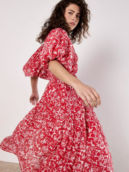 Rose Print Tiered Midi Dress