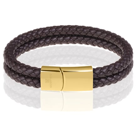 Memphis dubbele leren armband Donkerbruin Goudkleurig-21cm