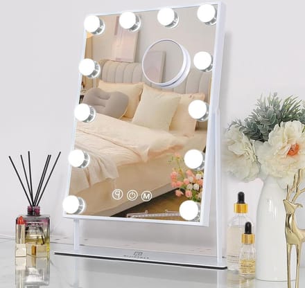 Hollywood Makeup Mirror With Lights - 12 Dimmable LED Bulbs - 360° Rotatable - 3 Light Colors - 10x Magnification - White - 30x41cm