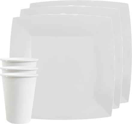 Santex feest/verjaardag servies set - 10x bordjes en bekertjes - wit - karton