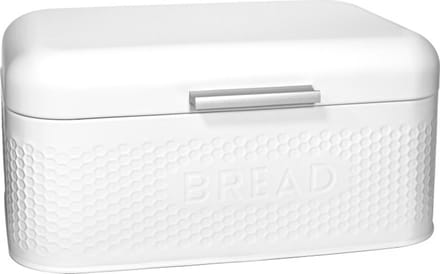 Meyerhoff Broodtrommel 30,5 cm – Met Klepdeksel & 3D Bread-Reliëf – Gepoedercoat Staal – Voor Lang Vers Brood – Wit Design