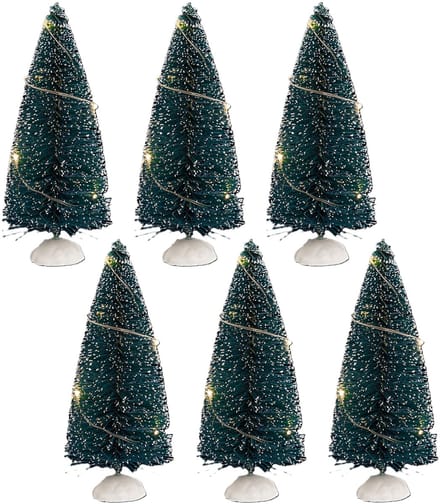 Feeric Christmas Kerstdorp mini kerstboompjes - 6x st - 15 cm - verlicht - 20 witte LED lampjes - kleine kerstdorp boompjes