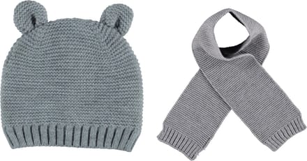 Gebreide Meisjes Set – Muts met Voering & Sjaal – Berenoortjes – Grijs (1–2 jaar)