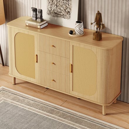 OKWISH Dressoir Met Rattan Deuren En Ladefront Met Golfstructuur - Woonkamer En Eetkamer - MDF Naturel - 140×40×80 Cm