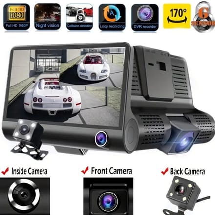 Ausha Dashcam 3 Camera’s – Full HD 1080P – Voor/Interieur/Achter – 4” LCD – Nachtzicht – Parking Mode – G-Sensor – Auto Recorder