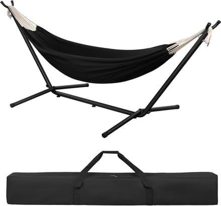 Hangmat met frame - Dubbele hangmat - Ontspannen in de tuin - Draagbaar met tas - 280 cm lang - Zwart