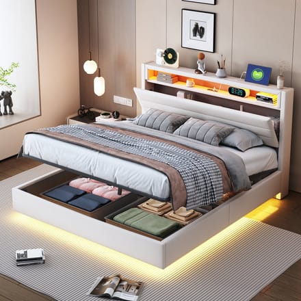 MODFU Bedframe 140x200 cm, gestoffeerd met hydraulische opbergruimte, USB en LED, beige