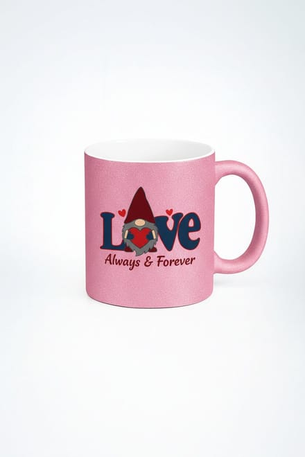 Roze Glitter Mok met 'Love Always & Forever' en Kabouter - Valentijnsdag Cadeau