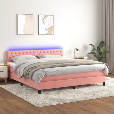 vidaXL - Boxspring - met - matras - en - LED - fluweel - roze - 160x200 - cm