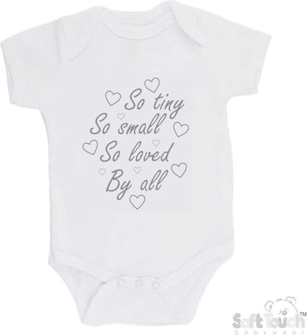 100% katoenen Romper "So Tiny So small So loved By all" Unisex Katoen Wit/grijs Maat 62/68