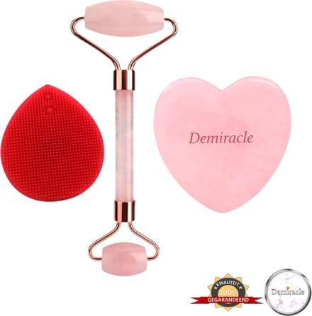 Demiracle® Face Roller & Gua Sha Love Bundle met Rode Siliconen Gezichtsborstel – Face Rollers – Rose Quartz – Gezichtsmassage – Massagetools – Massage - Ontspanning – Kwaliteit