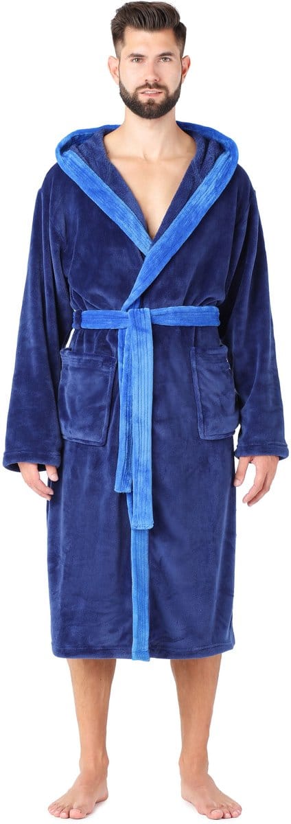 Ladeheid Heren Badjas - Wasmachine bestendig - Polyester - LA-LA40-221-DG - Donkerblauw/Blauw – 3XL