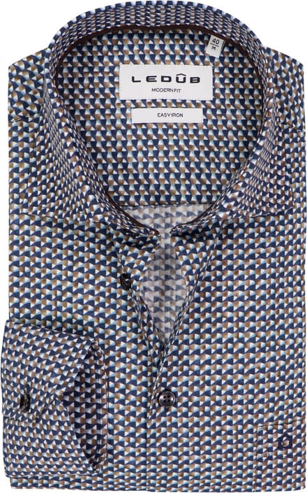 Ledub modern fit overhemd - popeline - donkerblauw dessin - Strijkvriendelijk - Boordmaat: 38