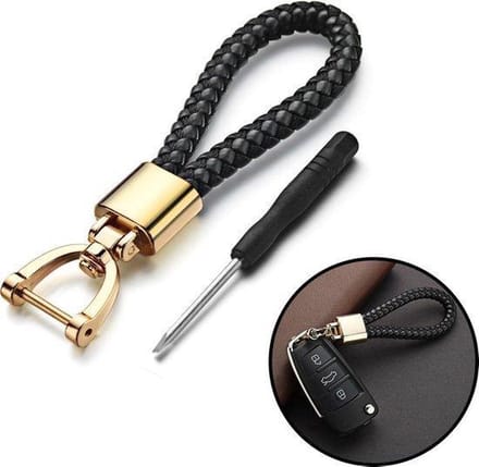 Finnacle - Sleutelhanger Auto {Universeel} - Goud RVS & Zwart Leer Geweven