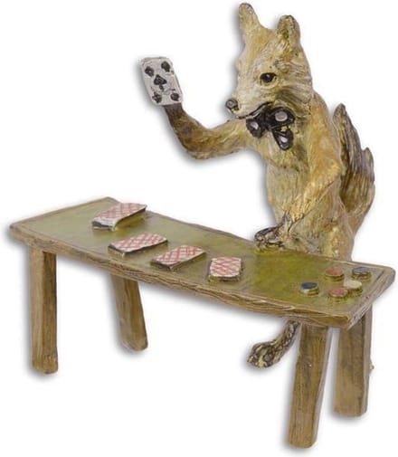 Bronzen beeld - Vos kaartspel - Leuk sculptuur - 9,4 cm hoog