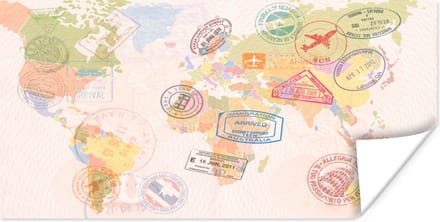 Wereldkaarten - Wereldkaart - Stempels - Kleuren - 160x80 cm