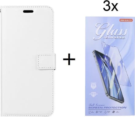 Bookcase Geschikt voor: iPhone 13 Pro Max - Wit - portemonee hoesje met 3 stuk Glas Screen protector
