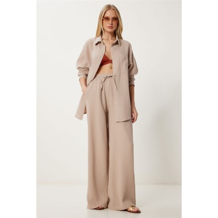 Hoge Taille Brede Pijpen Twee-Delig Co-ord Set met Kraag