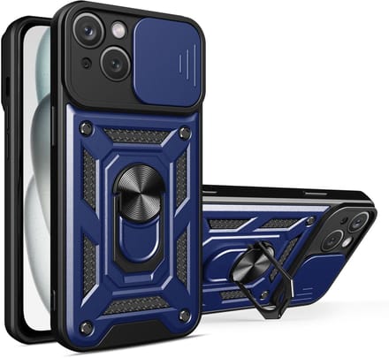 Hoesje geschikt voor iPhone 15 met Ringhouder en Camera schuifje – Blauw