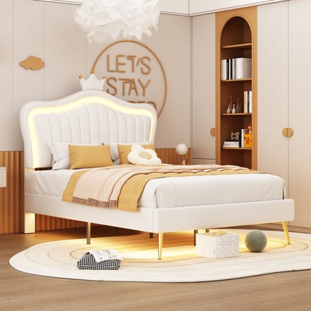 REDOM Ledikant 90x200 cm – Kunstleer wit – Kroon-hoofdbord & LED-verlichting – Kindvriendelijk