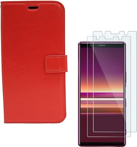 Sony Xperia 5 Portemonnee hoesje rood met 2 stuks Glas Screen protector