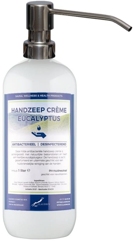 Handzeep Crème Eucalyptus 1 liter - met gratis RVS zilverkleurige pomp