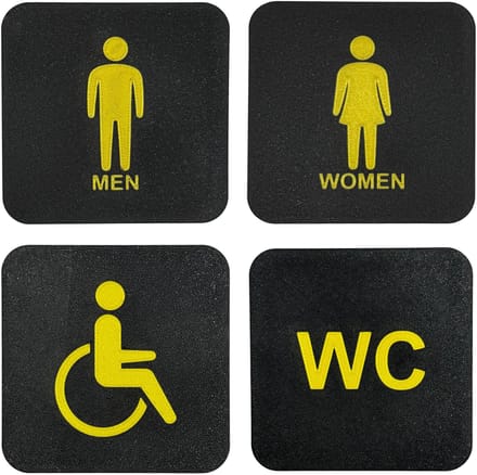 WC bordjes | Man, Vrouw, Invalide, | 10cm vierkant 2mm dik| ZwartGoud | Bio plastic