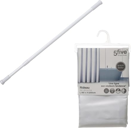5Five Douchegordijn met ringen - wit - polyester - 180 x 200 cm - incl ophangstang uitschuifbaar 70-120 cm