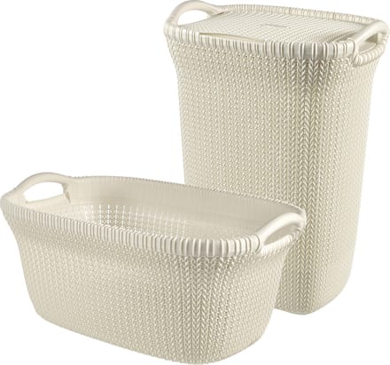 Curver Knit Wasmand met deksel 57L + Wasmand 40L - Gebroken wit