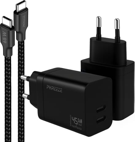 Phreeze usb C adapter 45 W - Usb C naar usb C kabel 1 m - Power Delivery snellader met 2 poorten