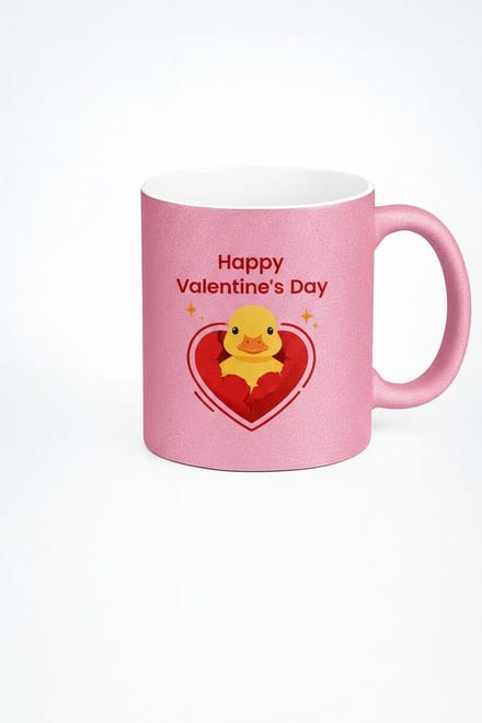 Roze Glitter Valentijnsdag Mok met Schattig Eendje in Hart | Cadeau voor Liefde