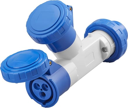 Robuuste 2-uitslag meerdere socket-coupler, 16 A, IP67 bescherming, 230 V, blauw