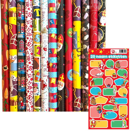 Sinterklaas cadeaupapier - Sinterklaaspapier - Sint Inpakpapier - 2 meter x 70 cm - 10 Rollen en 20 naamlabels