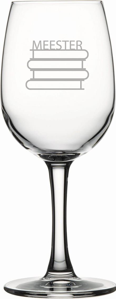 Gegraveerde witte wijnglas 26cl Meester met boeken
