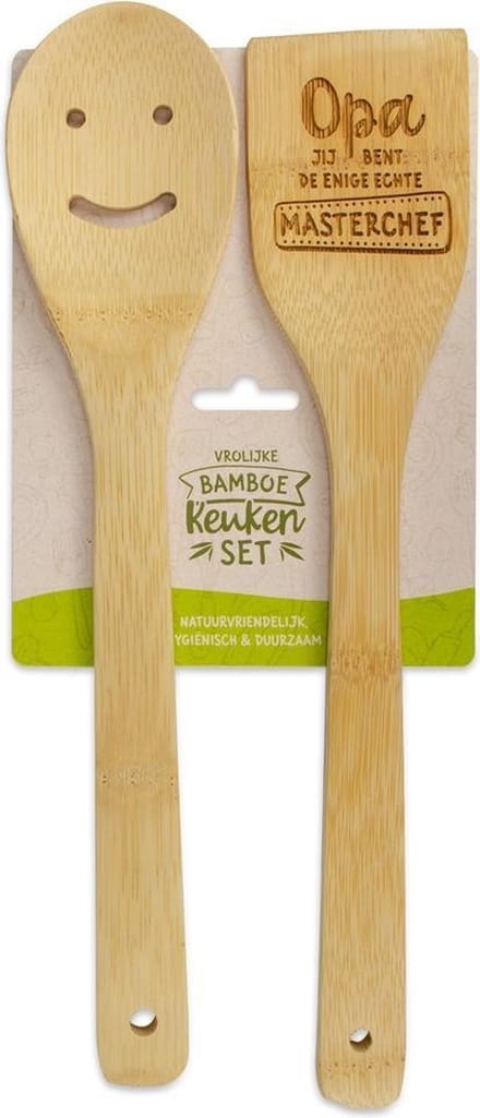 Bamboe keukenset met tekst Opa jij bent de enige echte masterchef