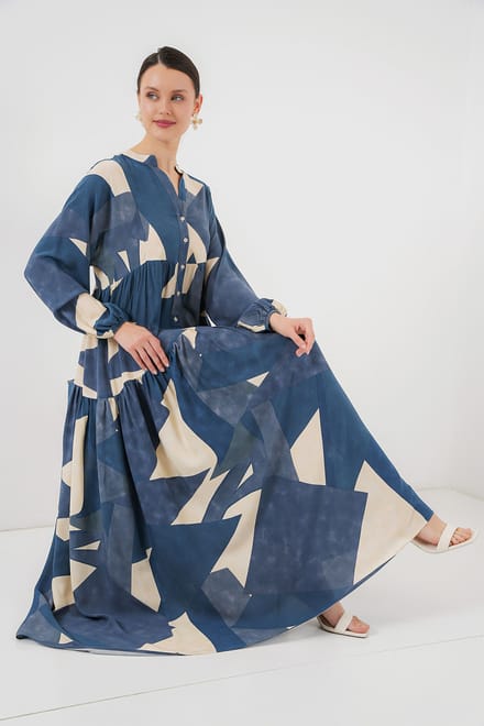Geprinte V-hals Maxi-jurk met knoopsluiting