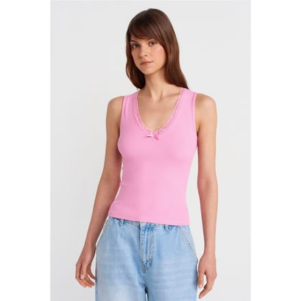 Mouwloze Kant Geribbelde V-hals Blouse