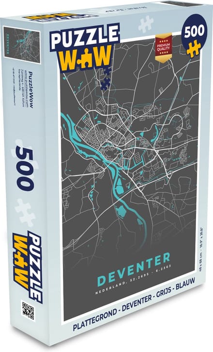 Puzzel Plattegrond - Deventer - Grijs - Blauw - Legpuzzel - Puzzel 500 stukjes - Stadskaart