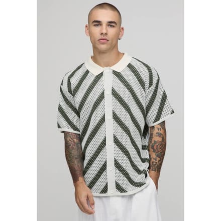 Gebreid Overhemd Met Ontspannen Pasvorm En Open Steek Streeppatroon | Olive | Size XS