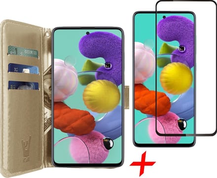 Hoesje geschikt voor Samsung Galaxy A51 - Screen Protector FullGuard - Book Case Kunstleer Pasjeshouder Goud & Screenprotector