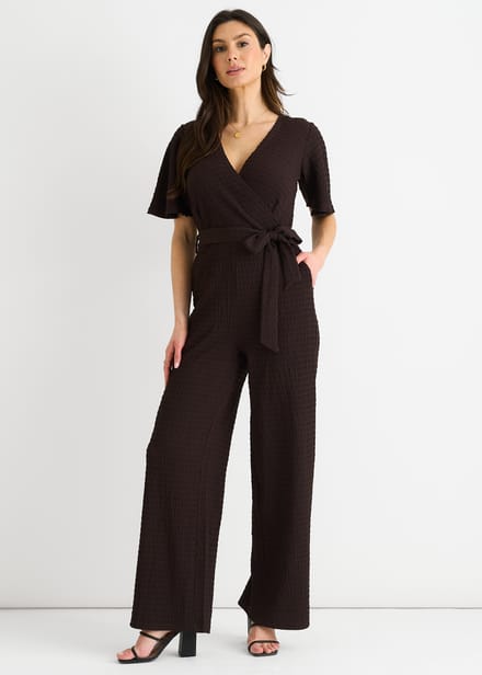 Trui wikkel-jumpsuit met wijde pijpen in chocoladestructuur