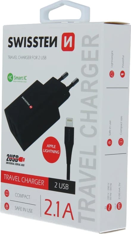 Swissten 2.1A Dual Port Travel Charger (10.5W) - 22058000 + Lightning USB Cable - Black