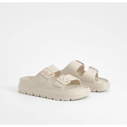 boohoo Dames Wide Fit Dubbele Riem Gespen Sliders | Beige | Maat: 36