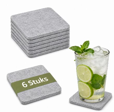 Vilten Glasonderzetters 6-delig met Houder – 10x10 cm – Grijs