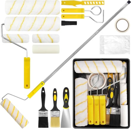 Complete Verfroller Set met Verlengstang, Verfkwasten, Schraper en Verftray voor Muur en Plafond Schilderwerk