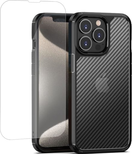 Geschikt voor iPhone 15 Plus Carbon Hoesje + Screenprotector – Gehard Glas Cover - Carbon Shock Proof Cover Case