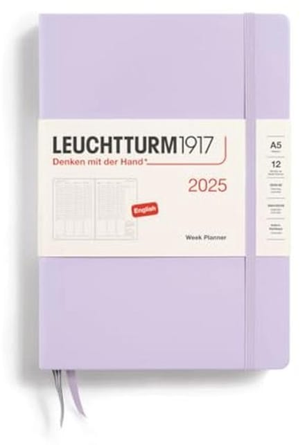 Weekplanner 2025, medium A5 hardcover - 12-maands-kalender, gelinieerd, lila, Engels