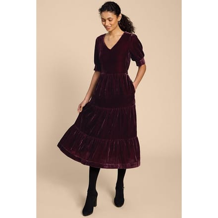 White Stuff Ayra Velvet Dre Dark Plum Größe: 12 REGULAR | Midikleider Outlet | Damen | Magenta
