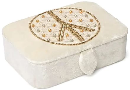 Sieraden / tarotdoos fluweel gebroken wit met Bloem des Levens vredesteken – 11 x 15,5 x 5 cm