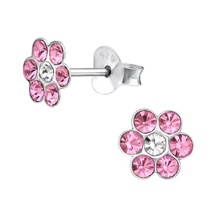 Oorbellen meisje bloem - zilver - roze - glinster